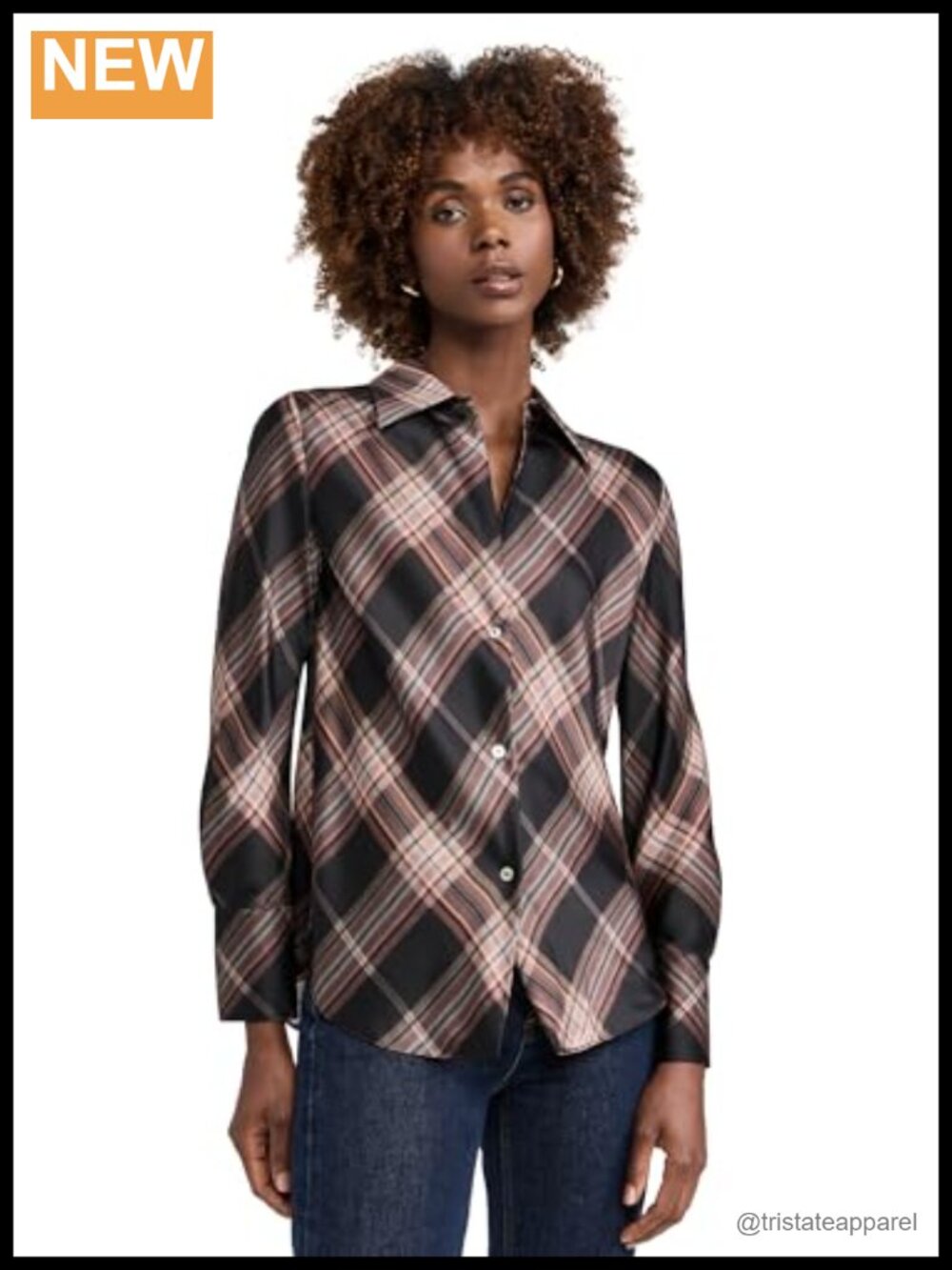 Vince Women's Plaid Bias Blouse, 100% Silk, Long Sleeve, Button Cuffs, Collared